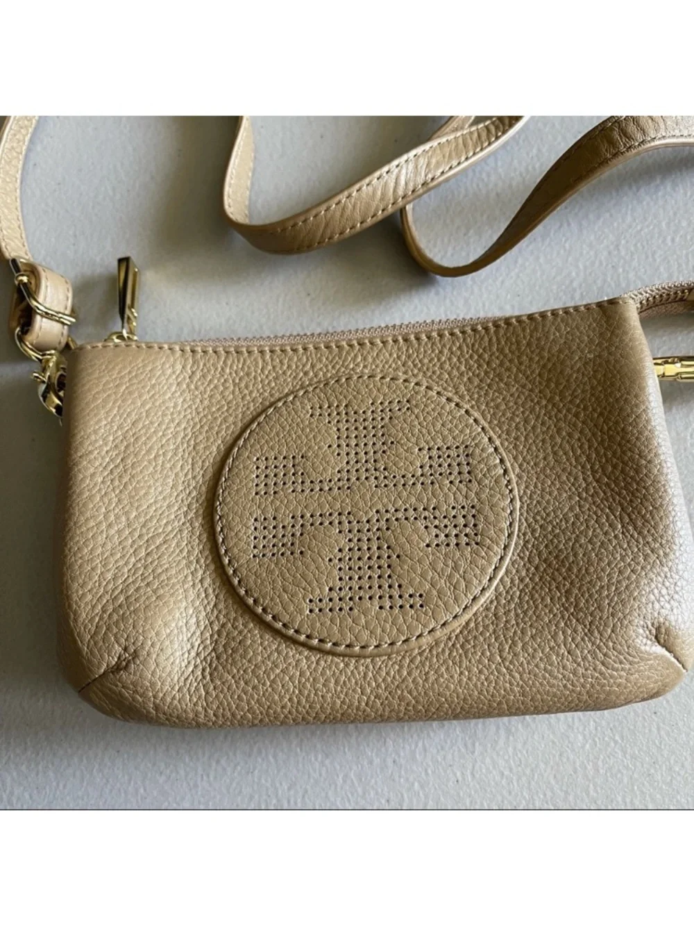 Tory Burch Perforated Logo Leather Crossbody - Tan